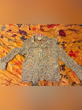 Sezane Sheer Floral Blouse in Ivory, Blue and Peach